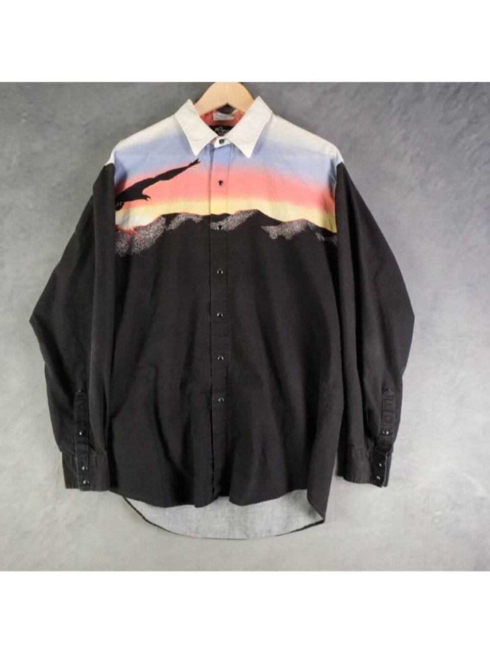 Roper Shirt Mens Large Black Eagle Mountain Western Sunrise Pearl Snap Vintage